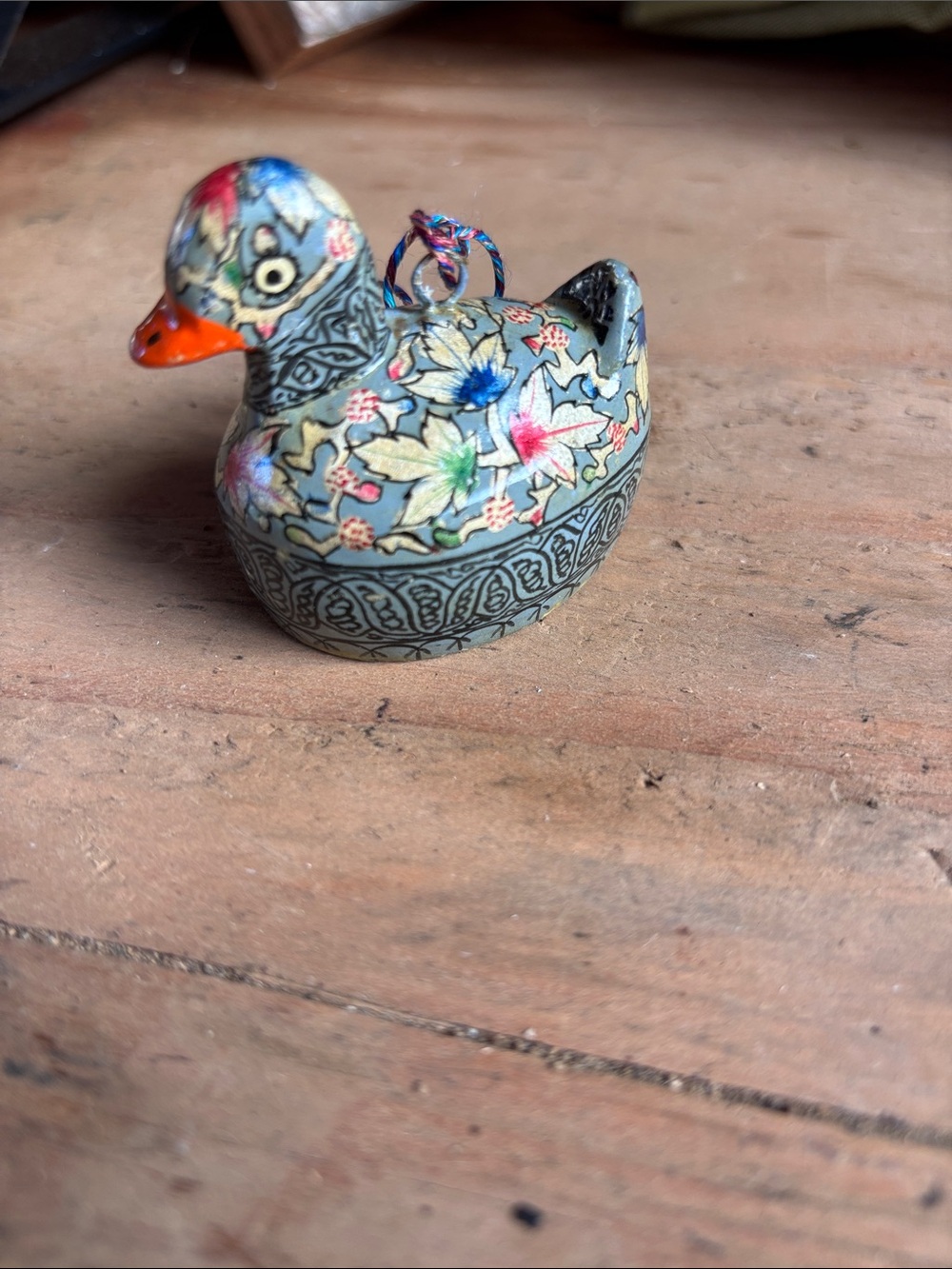 Hand-Painted Floral Ceramic Duck Ornament in Blue